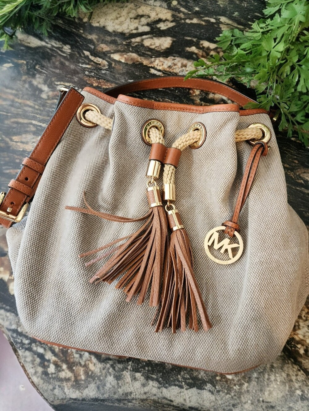Michael Kors Canvas Tasseled Bucket Bag Shoulder Bag Purse Tote Rope Coastal